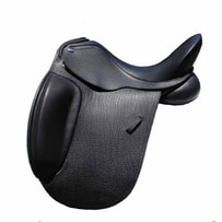 Dual flap dressage saddle with fixed knee roll under a molded flap